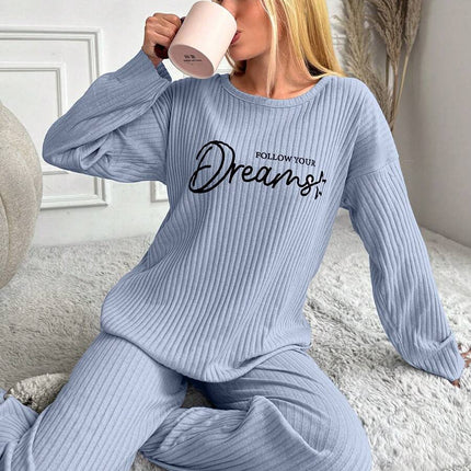 RueChic Women's Letter Printed Drop Shoulder Long Sleeve Top And Pants Pajama Set