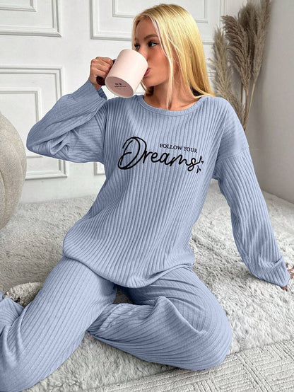 RueChic Women's Letter Printed Drop Shoulder Long Sleeve Top And Pants Pajama Set