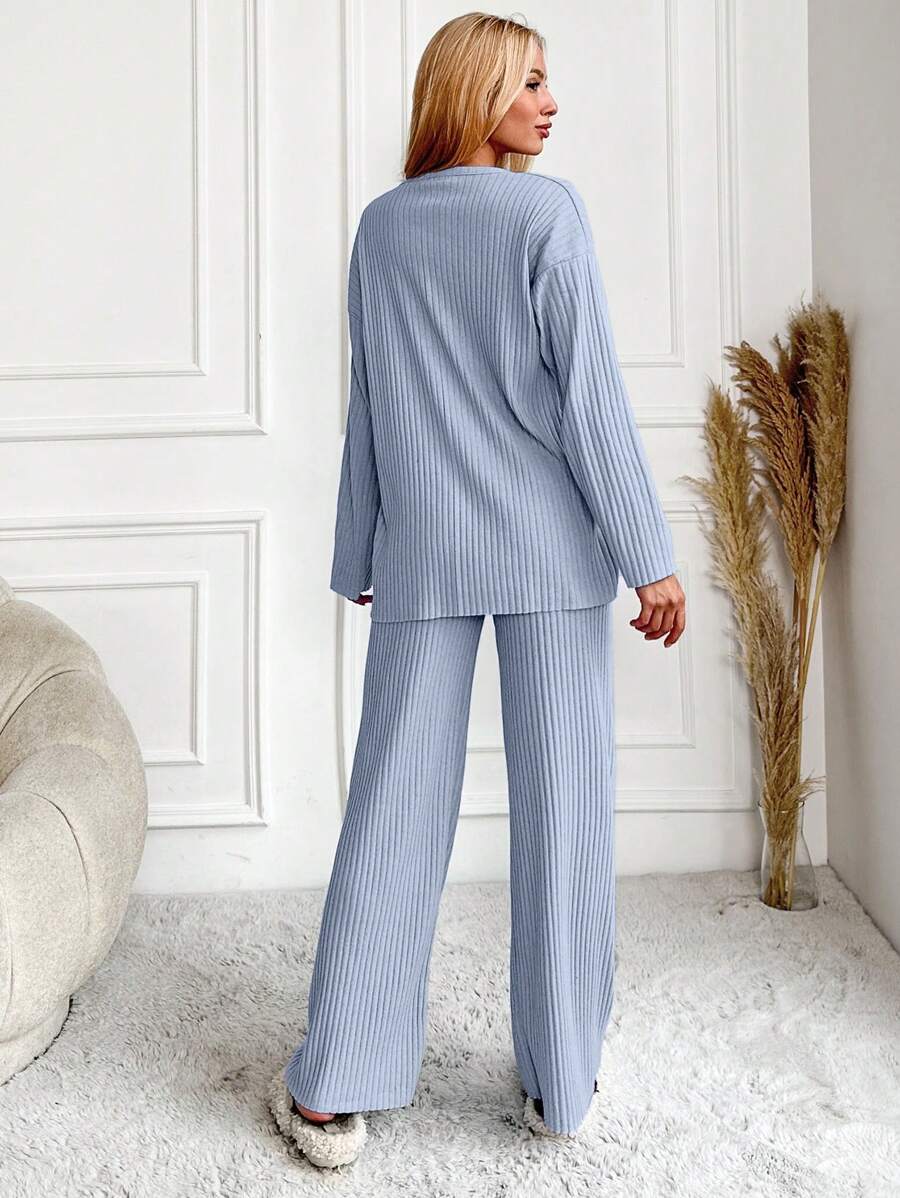 RueChic Women's Letter Printed Drop Shoulder Long Sleeve Top And Pants Pajama Set