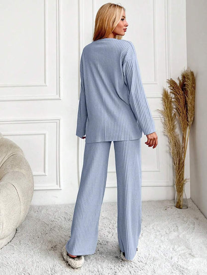 RueChic Women's Letter Printed Drop Shoulder Long Sleeve Top And Pants Pajama Set