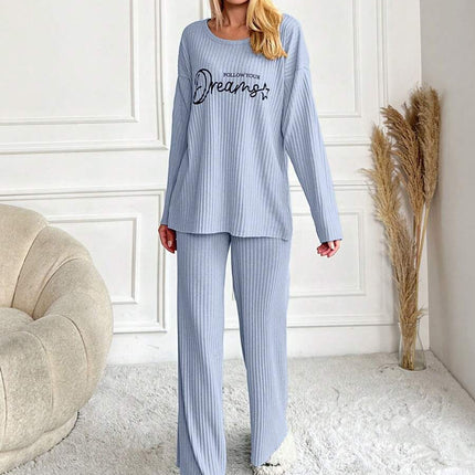 RueChic Women's Letter Printed Drop Shoulder Long Sleeve Top And Pants Pajama Set