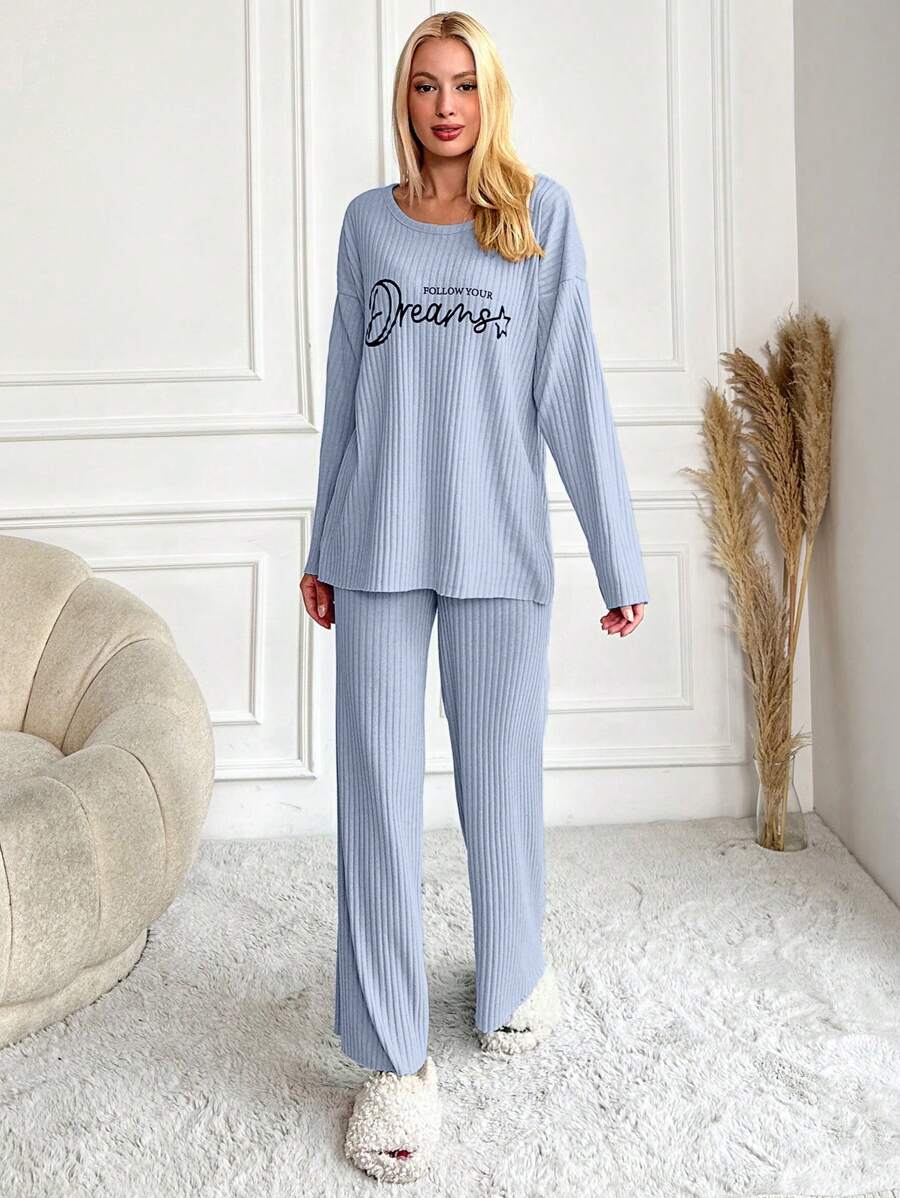 RueChic Women's Letter Printed Drop Shoulder Long Sleeve Top And Pants Pajama Set