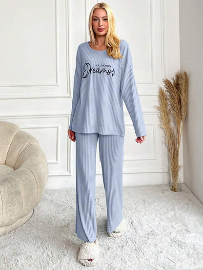 RueChic Women's Letter Printed Drop Shoulder Long Sleeve Top And Pants Pajama Set