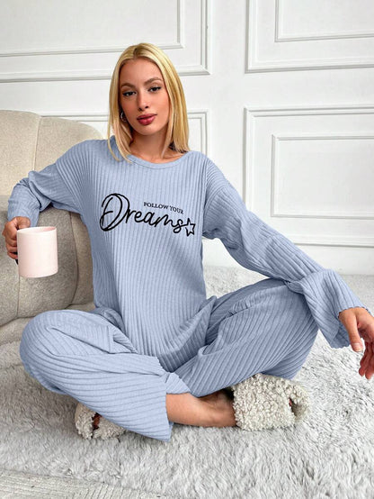 RueChic Women's Letter Printed Drop Shoulder Long Sleeve Top And Pants Pajama Set