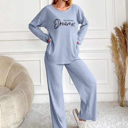 RueChic Women's Letter Printed Drop Shoulder Long Sleeve Top And Pants Pajama Set