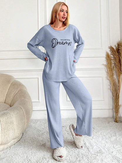 RueChic Women's Letter Printed Drop Shoulder Long Sleeve Top And Pants Pajama Set
