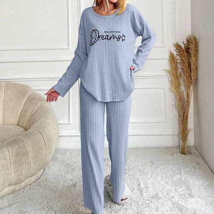 RueChic Women's Letter Printed Drop Shoulder Long Sleeve Top And Pants Pajama Set