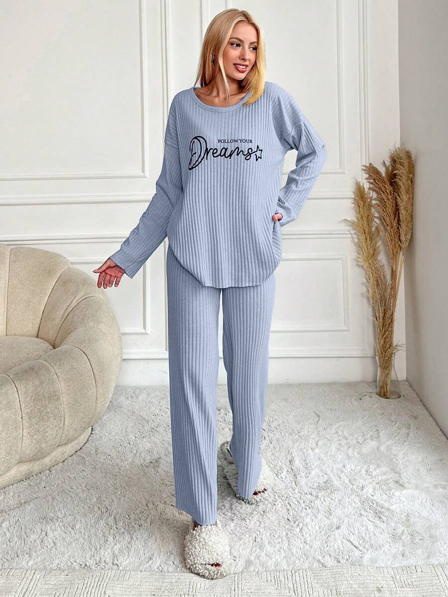 RueChic Women's Letter Printed Drop Shoulder Long Sleeve Top And Pants Pajama Set