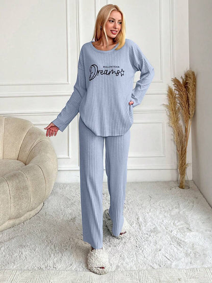 RueChic Women's Letter Printed Drop Shoulder Long Sleeve Top And Pants Pajama Set