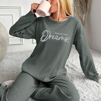 RueChic Women's Letter Printed Drop Shoulder Long Sleeve Top And Pants Pajama Set