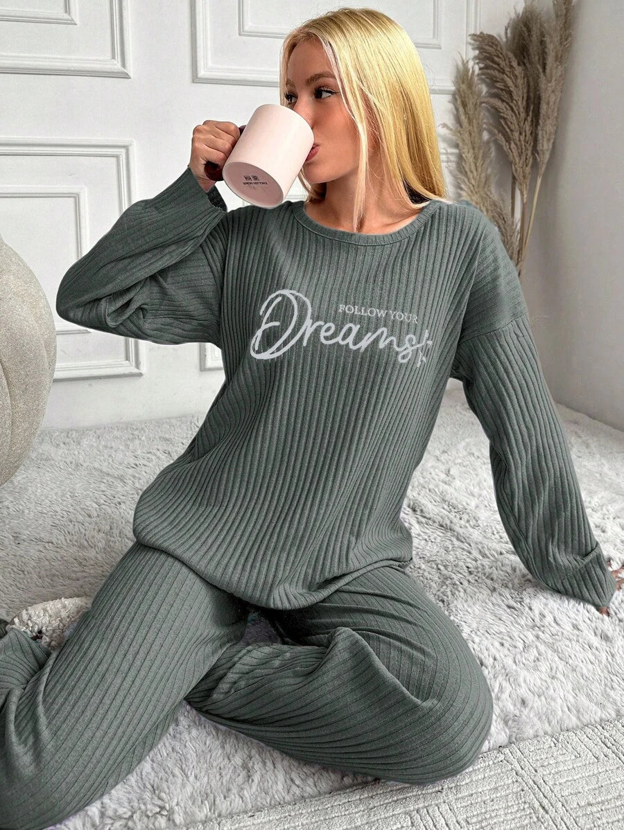 RueChic Women's Letter Printed Drop Shoulder Long Sleeve Top And Pants Pajama Set
