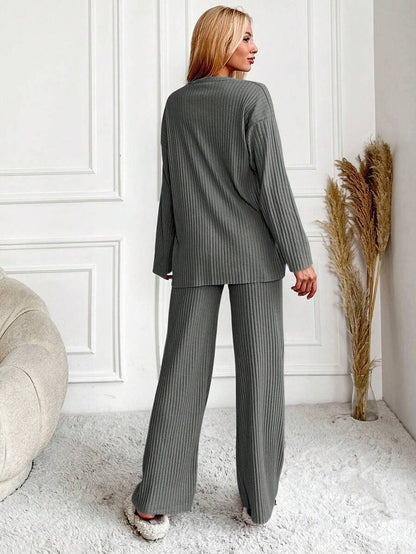 RueChic Women's Letter Printed Drop Shoulder Long Sleeve Top And Pants Pajama Set