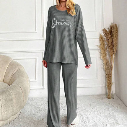 RueChic Women's Letter Printed Drop Shoulder Long Sleeve Top And Pants Pajama Set