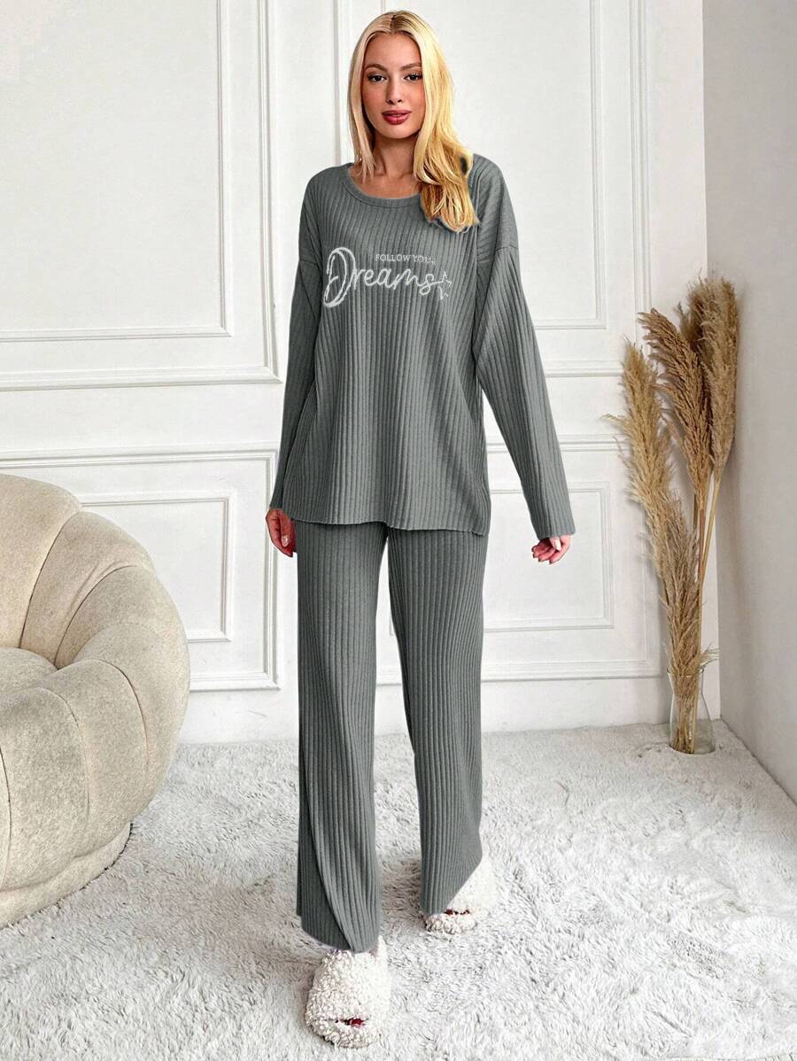 RueChic Women's Letter Printed Drop Shoulder Long Sleeve Top And Pants Pajama Set