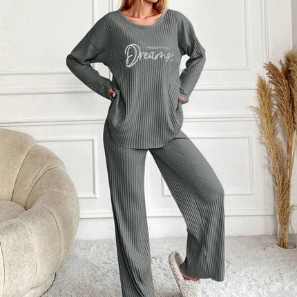 RueChic Women's Letter Printed Drop Shoulder Long Sleeve Top And Pants Pajama Set