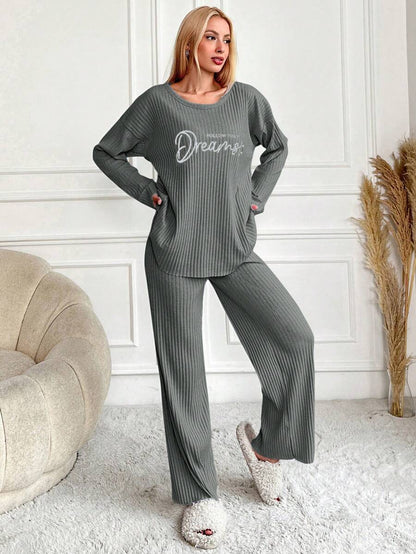 RueChic Women's Letter Printed Drop Shoulder Long Sleeve Top And Pants Pajama Set