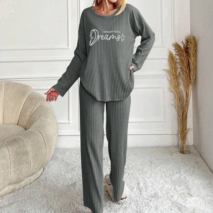 RueChic Women's Letter Printed Drop Shoulder Long Sleeve Top And Pants Pajama Set
