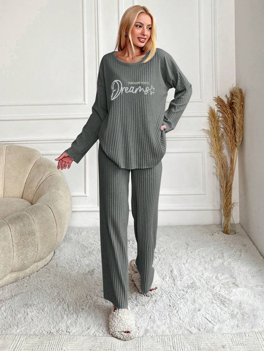 RueChic Women's Letter Printed Drop Shoulder Long Sleeve Top And Pants Pajama Set