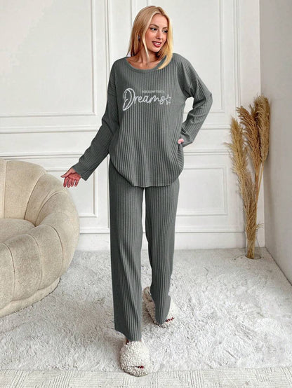 RueChic Women's Letter Printed Drop Shoulder Long Sleeve Top And Pants Pajama Set