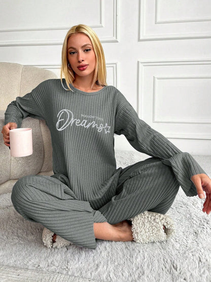 RueChic Women's Letter Printed Drop Shoulder Long Sleeve Top And Pants Pajama Set