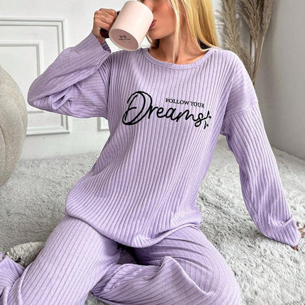 RueChic Women's Letter Printed Drop Shoulder Long Sleeve Top And Pants Pajama Set