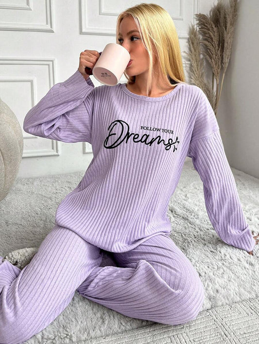 RueChic Women's Letter Printed Drop Shoulder Long Sleeve Top And Pants Pajama Set
