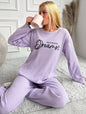 RueChic Women's Letter Printed Drop Shoulder Long Sleeve Top And Pants Pajama Set