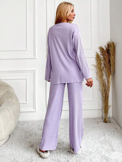 RueChic Women's Letter Printed Drop Shoulder Long Sleeve Top And Pants Pajama Set