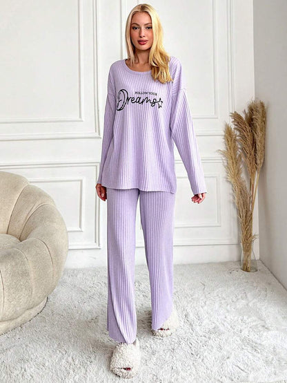 RueChic Women's Letter Printed Drop Shoulder Long Sleeve Top And Pants Pajama Set