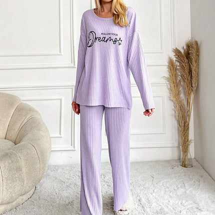RueChic Women's Letter Printed Drop Shoulder Long Sleeve Top And Pants Pajama Set