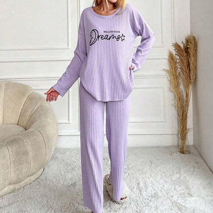 RueChic Women's Letter Printed Drop Shoulder Long Sleeve Top And Pants Pajama Set