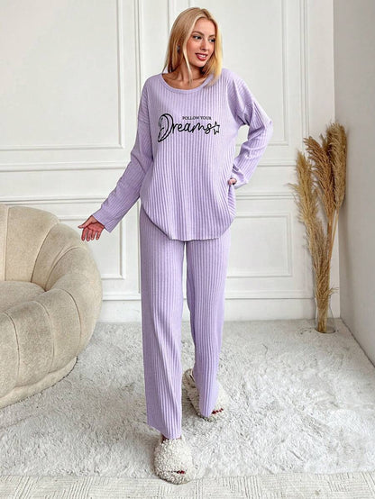 RueChic Women's Letter Printed Drop Shoulder Long Sleeve Top And Pants Pajama Set