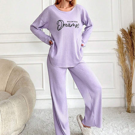 RueChic Women's Letter Printed Drop Shoulder Long Sleeve Top And Pants Pajama Set