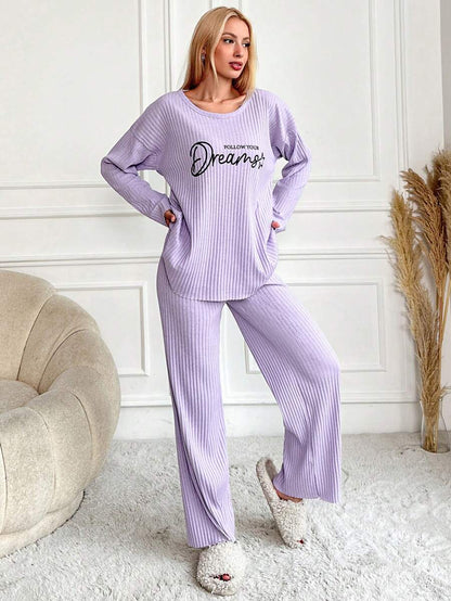 RueChic Women's Letter Printed Drop Shoulder Long Sleeve Top And Pants Pajama Set