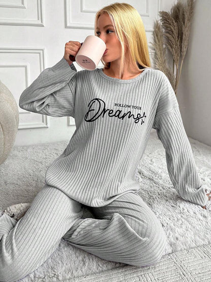 RueChic Women's Letter Printed Drop Shoulder Long Sleeve Top And Pants Pajama Set