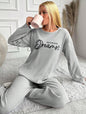 RueChic Women's Letter Printed Drop Shoulder Long Sleeve Top And Pants Pajama Set