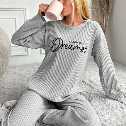 RueChic Women's Letter Printed Drop Shoulder Long Sleeve Top And Pants Pajama Set