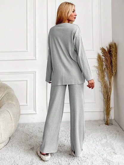 RueChic Women's Letter Printed Drop Shoulder Long Sleeve Top And Pants Pajama Set