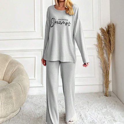RueChic Women's Letter Printed Drop Shoulder Long Sleeve Top And Pants Pajama Set