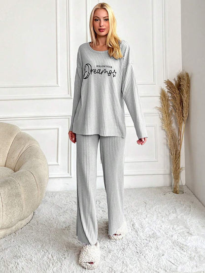 RueChic Women's Letter Printed Drop Shoulder Long Sleeve Top And Pants Pajama Set