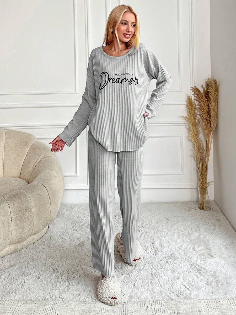 RueChic Women's Letter Printed Drop Shoulder Long Sleeve Top And Pants Pajama Set