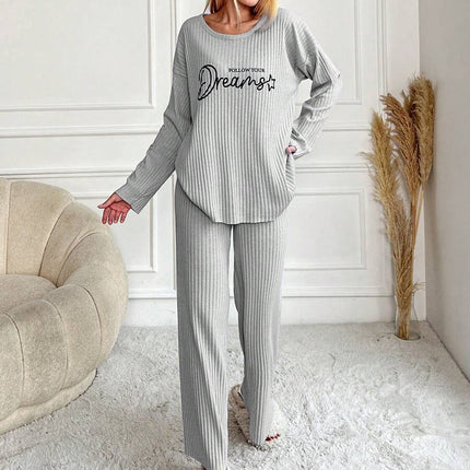 RueChic Women's Letter Printed Drop Shoulder Long Sleeve Top And Pants Pajama Set
