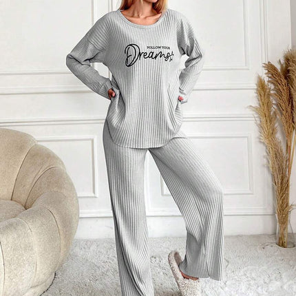 RueChic Women's Letter Printed Drop Shoulder Long Sleeve Top And Pants Pajama Set