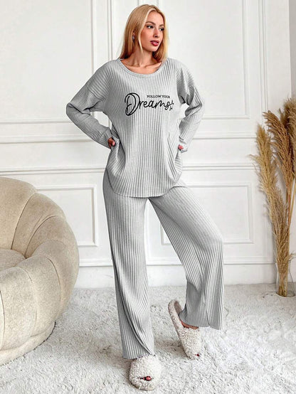RueChic Women's Letter Printed Drop Shoulder Long Sleeve Top And Pants Pajama Set