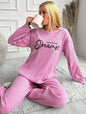 RueChic Women's Letter Printed Drop Shoulder Long Sleeve Top And Pants Pajama Set