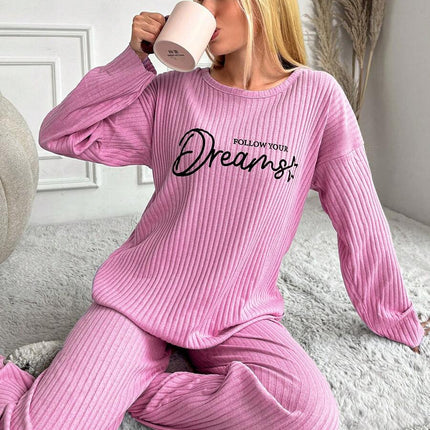 RueChic Women's Letter Printed Drop Shoulder Long Sleeve Top And Pants Pajama Set