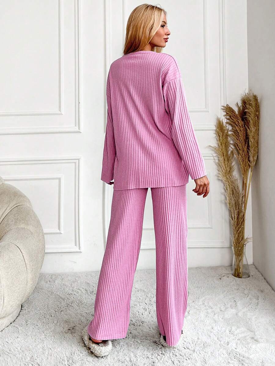RueChic Women's Letter Printed Drop Shoulder Long Sleeve Top And Pants Pajama Set