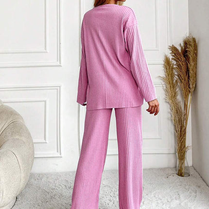 RueChic Women's Letter Printed Drop Shoulder Long Sleeve Top And Pants Pajama Set