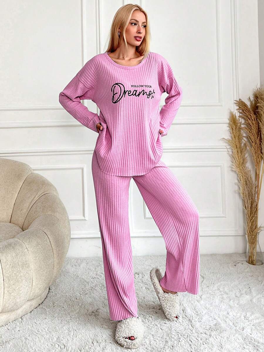RueChic Women's Letter Printed Drop Shoulder Long Sleeve Top And Pants Pajama Set