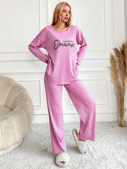 RueChic Women's Letter Printed Drop Shoulder Long Sleeve Top And Pants Pajama Set